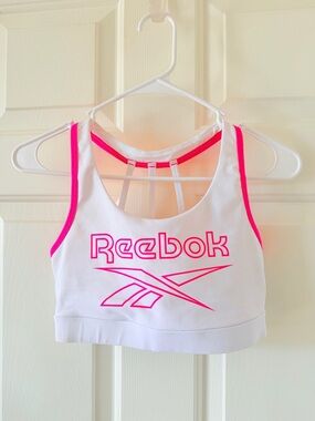 Reebok White and Hot Pink Logo Sports Crop
